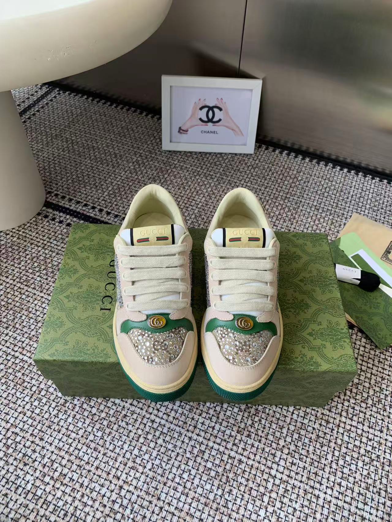 [TOP] GUCCI GG Casual Shoes - Green and Beige