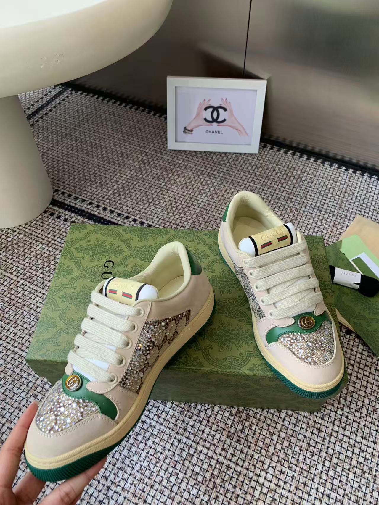 [TOP] GUCCI GG Casual Shoes - Green and Beige