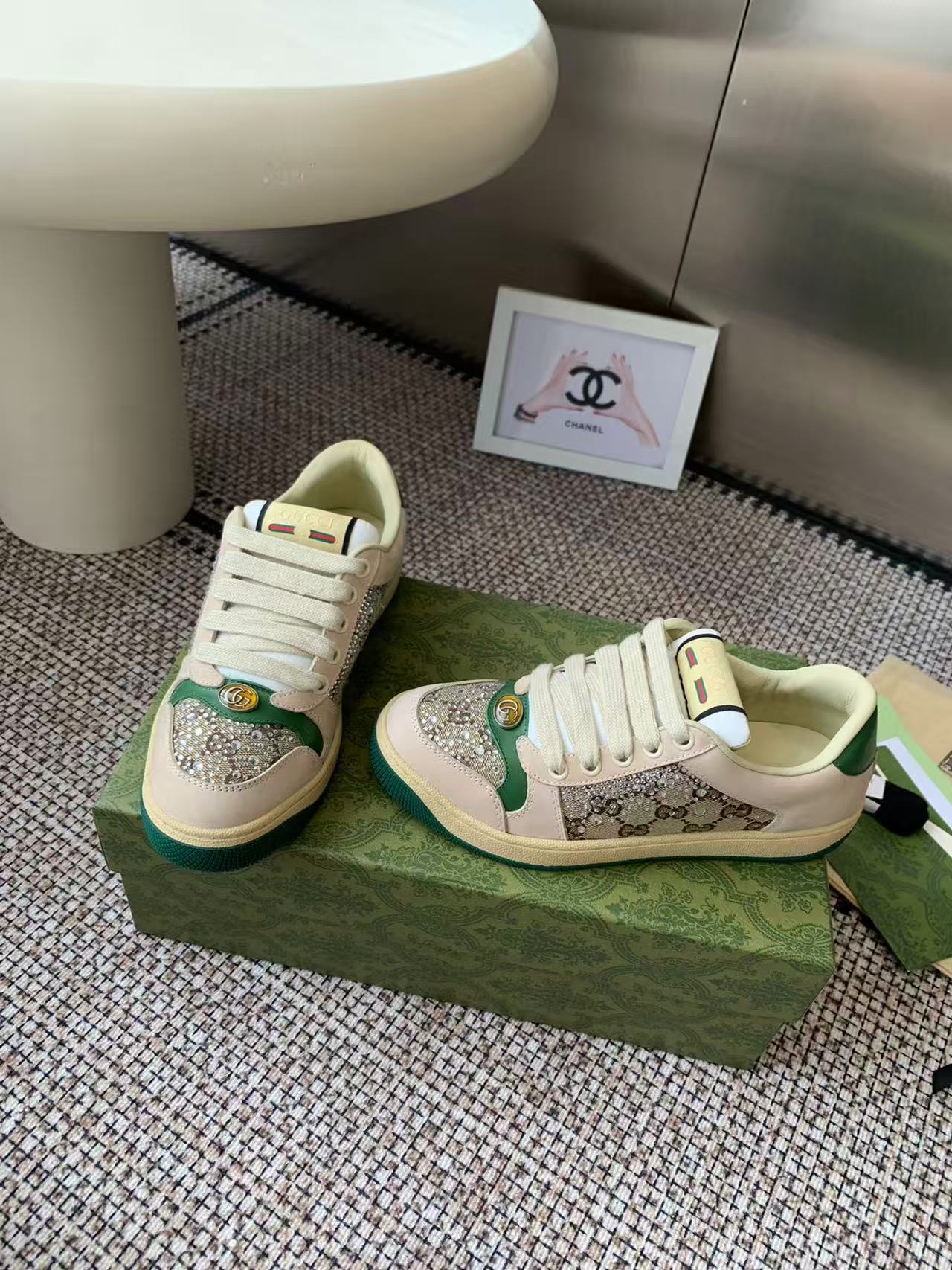 [TOP] GUCCI GG Casual Shoes - Green and Beige