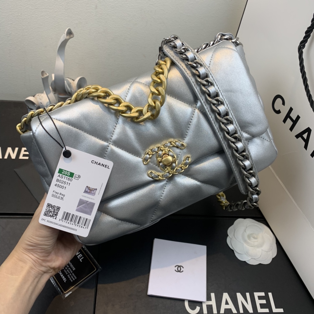[TOP] CHANEL Lambskin 19 Bag 26x9x16cm - Sliver&GHW