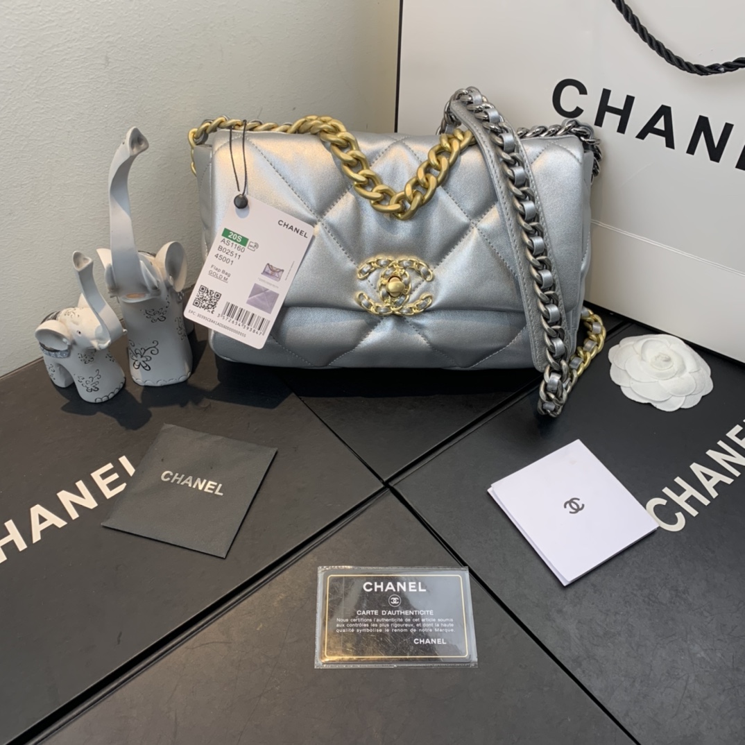[TOP] CHANEL Lambskin 19 Bag 26x9x16cm - Sliver&GHW