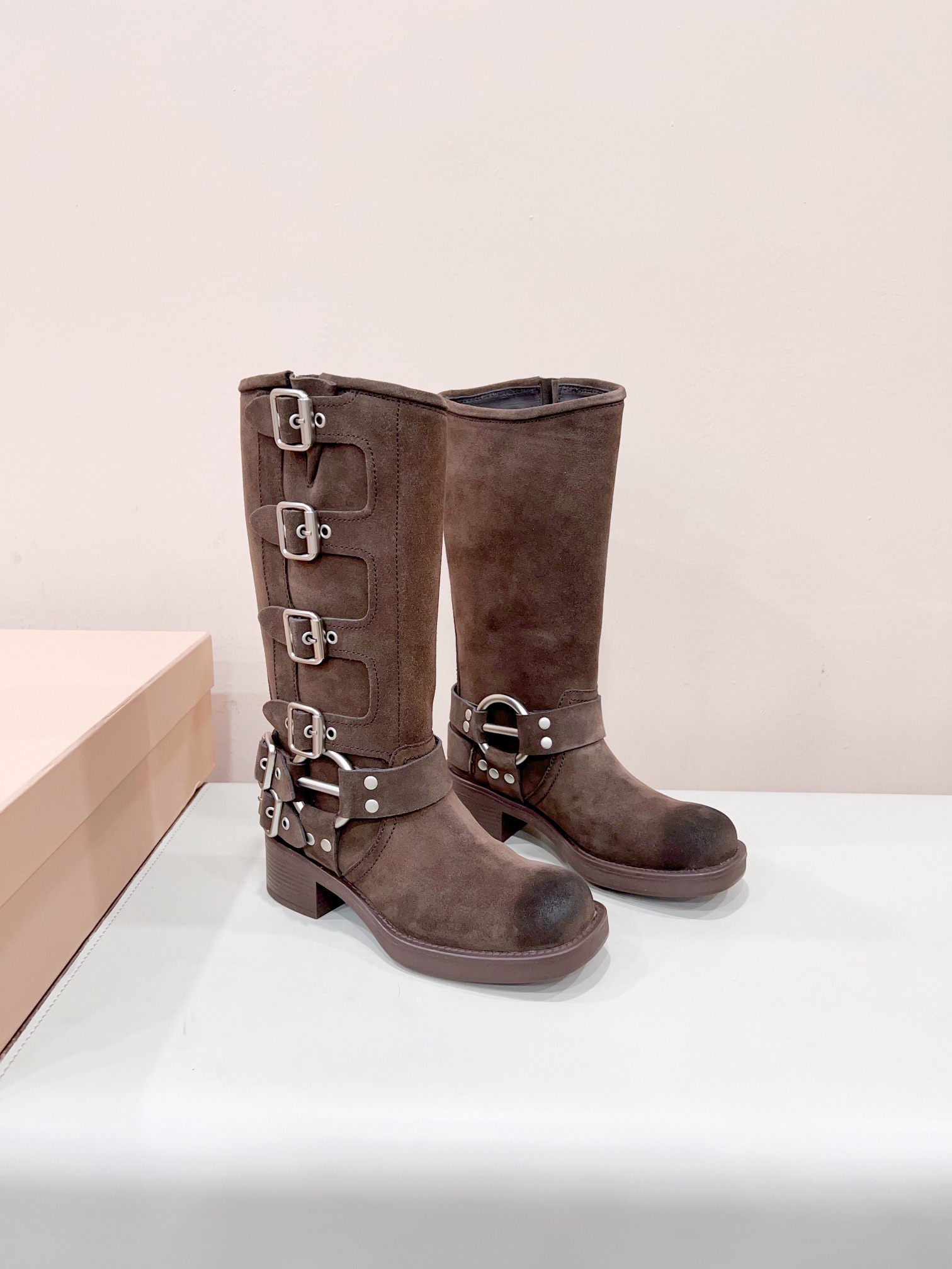 [TOP] Miu Miu Retro Western Catwalk Motorcycle Suede Long Boots - 2 Colors