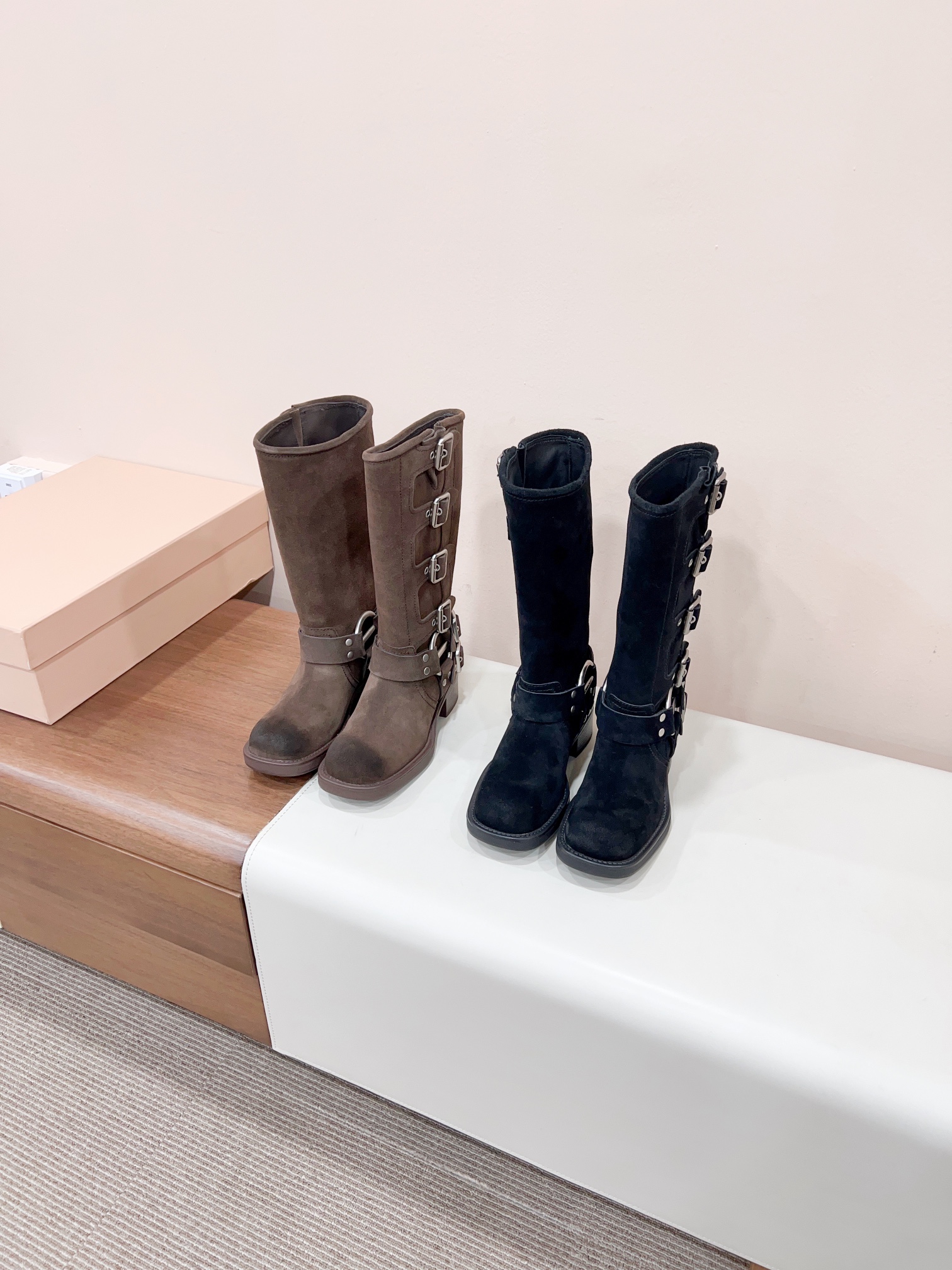 [TOP] Miu Miu Retro Western Catwalk Motorcycle Suede Long Boots - 2 Colors