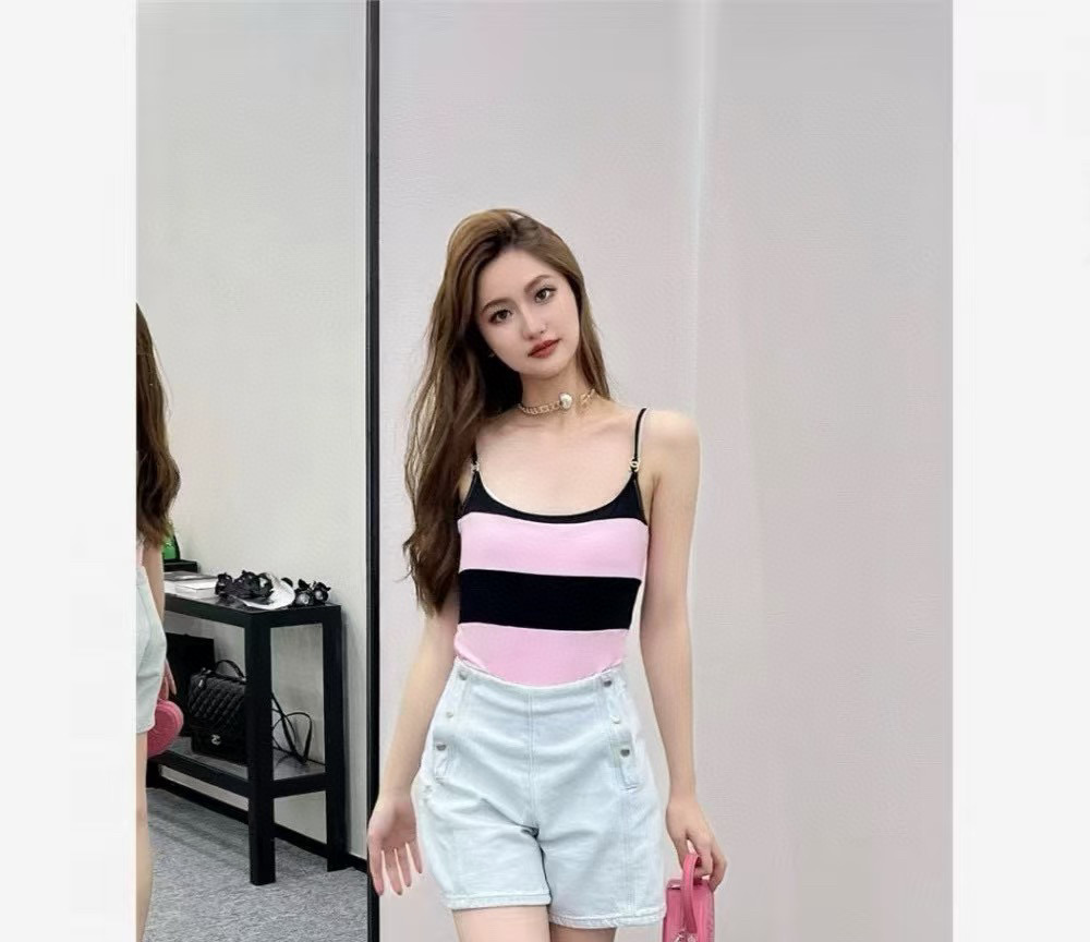 [TOP] CHANEL Striped One-Piece Swimsuit - Black and Pink