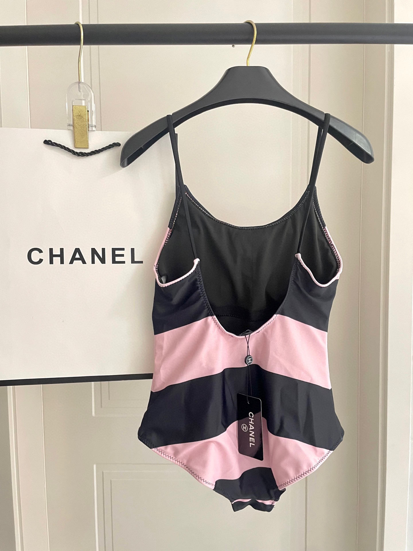 [TOP] CHANEL Striped One-Piece Swimsuit - Black and Pink