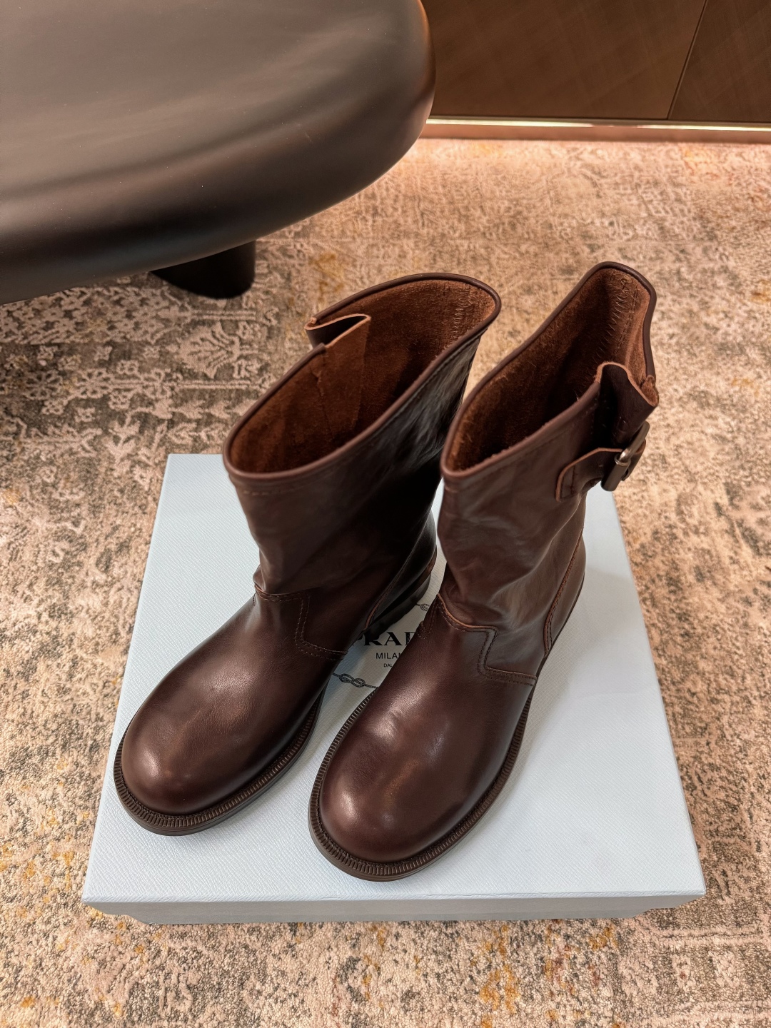 [TOP] PRADA Leather Short Boots 2.5cm Low Heels -  2 Color