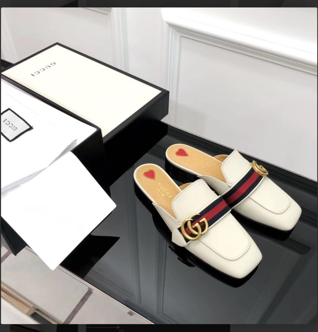 [TOP] GUCCI Marmont Ivory Leather Web Mule Slides - White