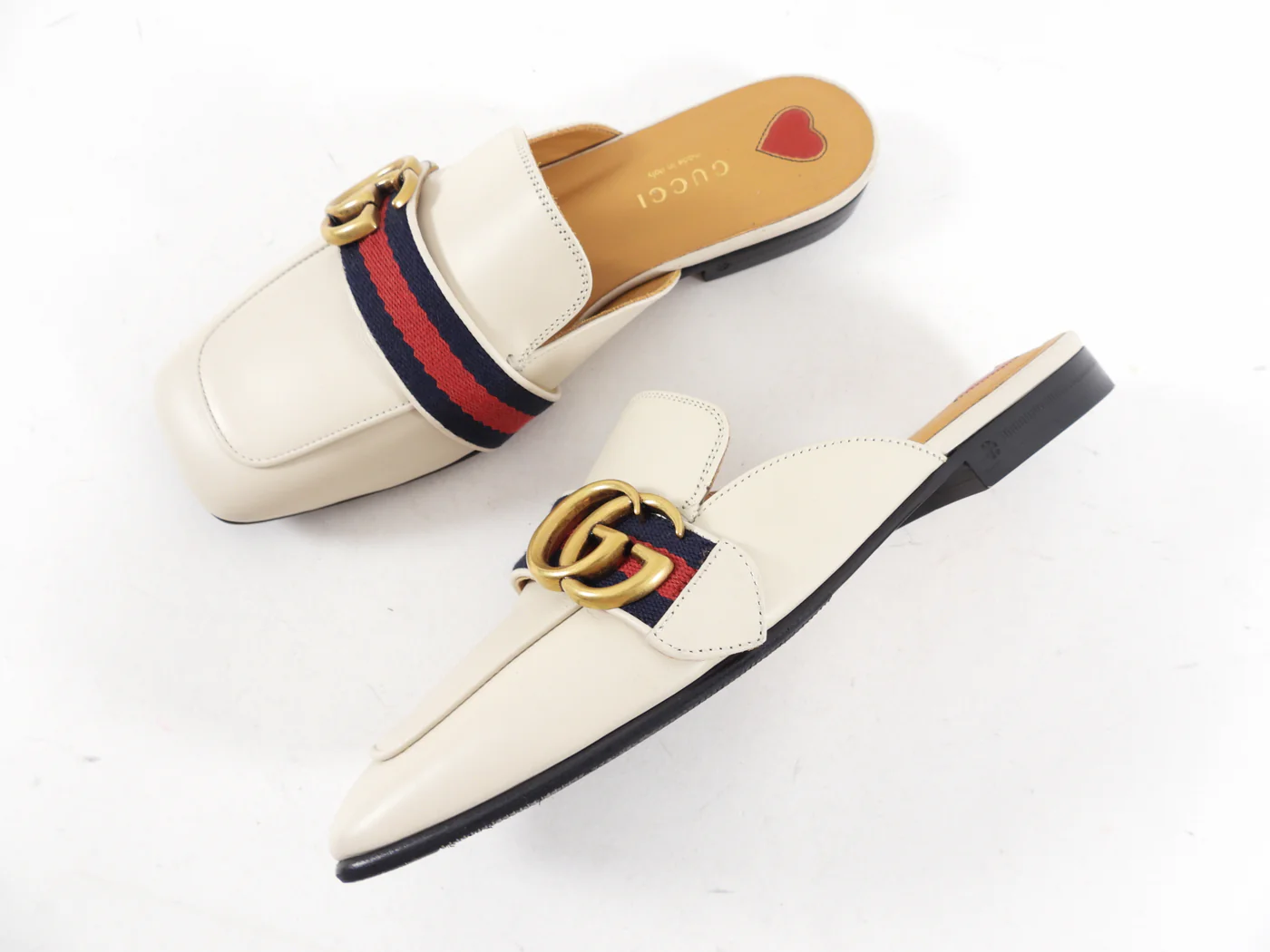[TOP] GUCCI Marmont Ivory Leather Web Mule Slides - White