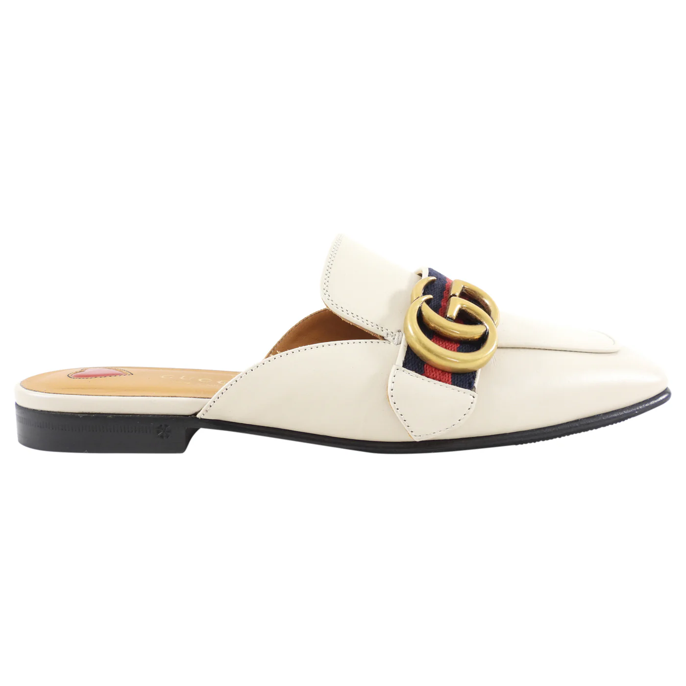[TOP] GUCCI Marmont Ivory Leather Web Mule Slides - White