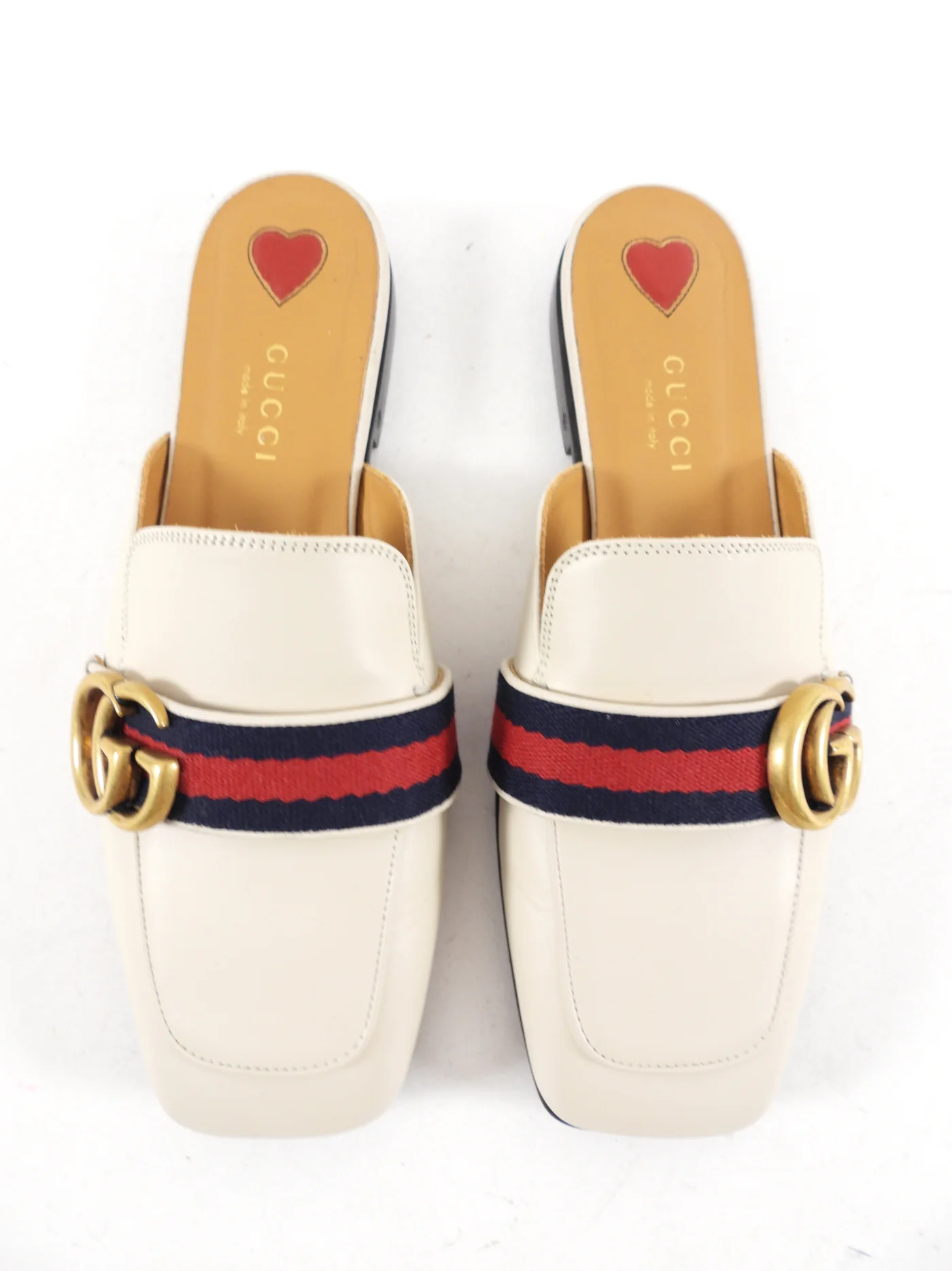 [TOP] GUCCI Marmont Ivory Leather Web Mule Slides - White
