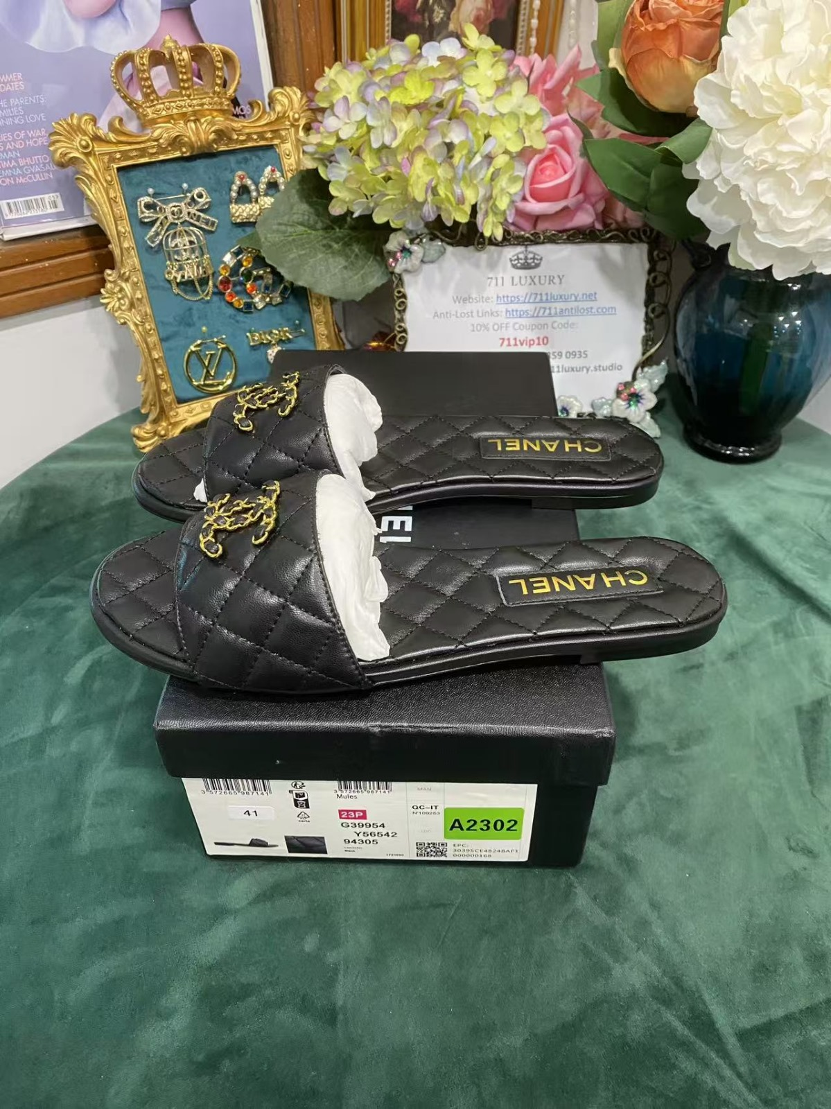 Only One [TOP] CHANEL Sheepskin Lozenge Slippers - Black - No refund or exchange