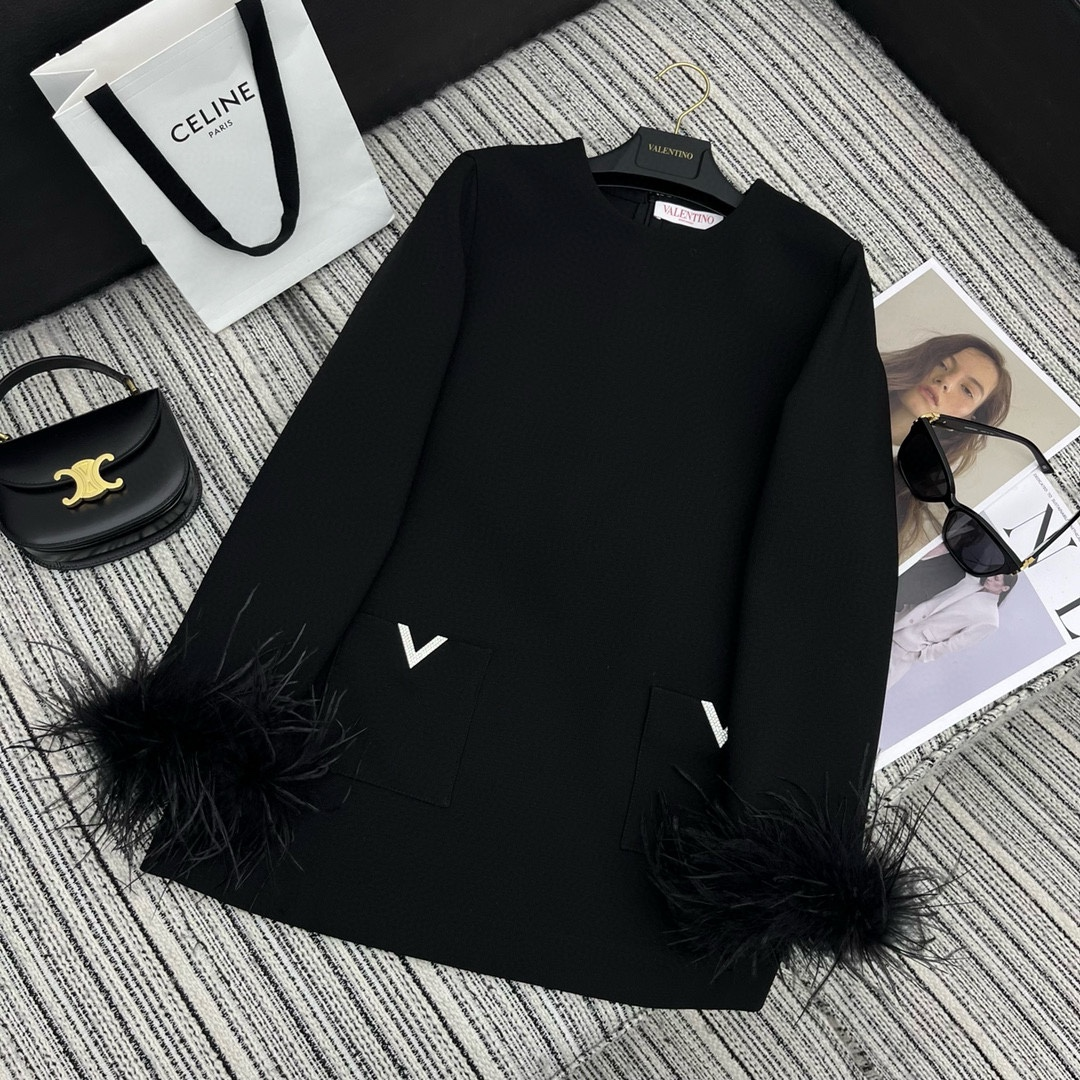 Only One [TOP] VALENTINO Ostrich Feather Cuff Dress - Black - No refund or exchange
