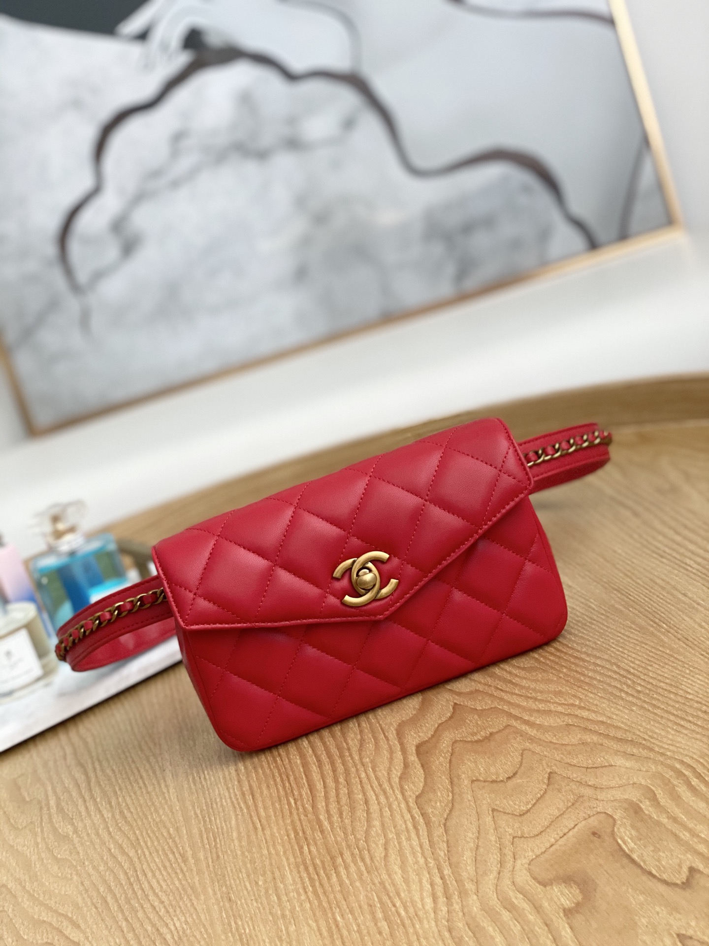 [TOP] CHANEL Lambskin Gold Buckle Belt Bags 18x3.5x12cm - Red