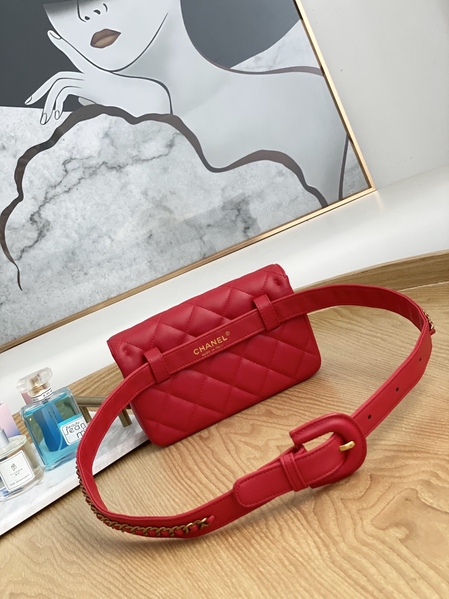 [TOP] CHANEL Lambskin Gold Buckle Belt Bags 18x3.5x12cm - Red