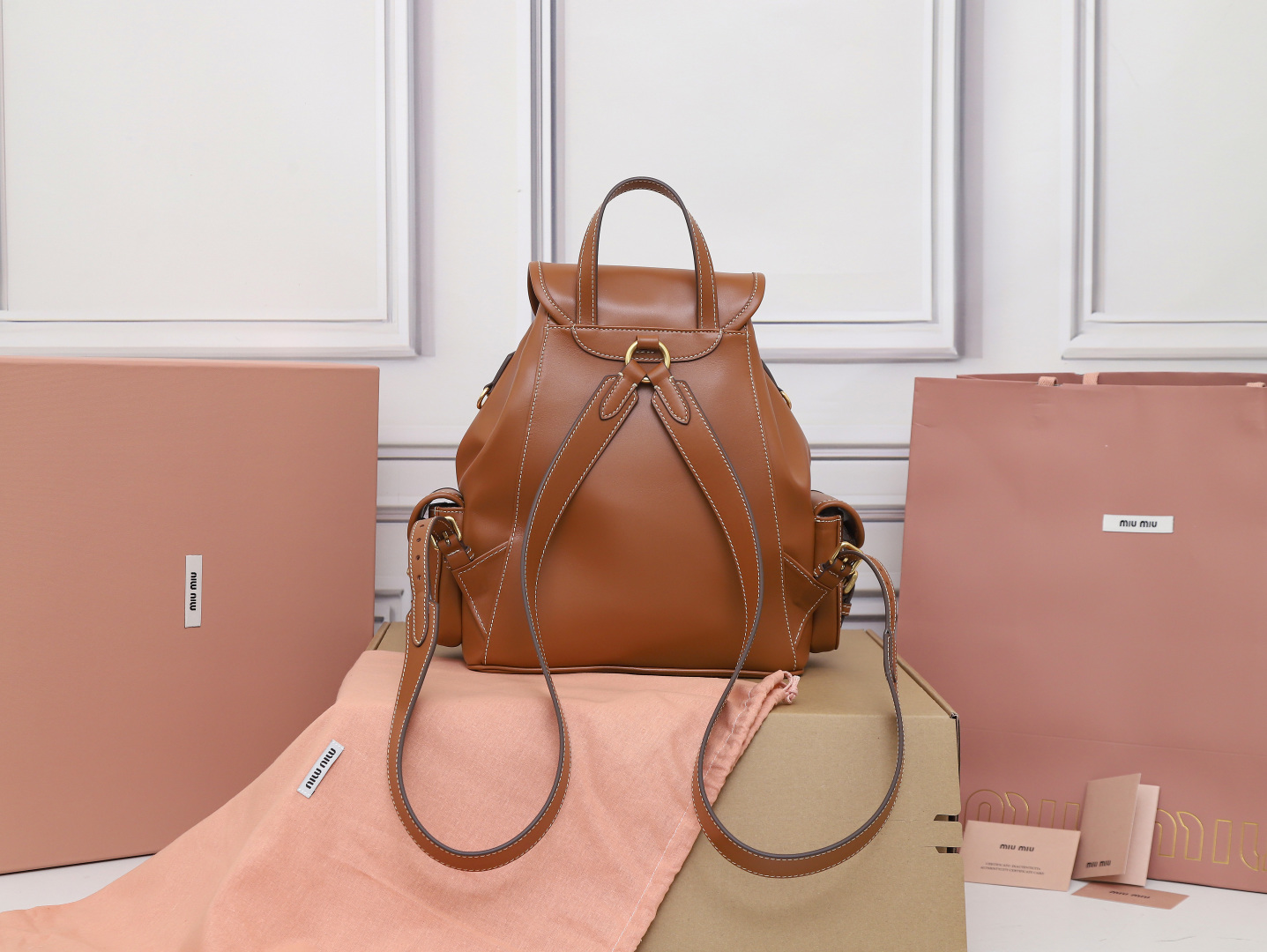 [TOP] Miu Miu Backpack Calfskin 22x18x11.5cm/29.5x25x12.5cm - Brown