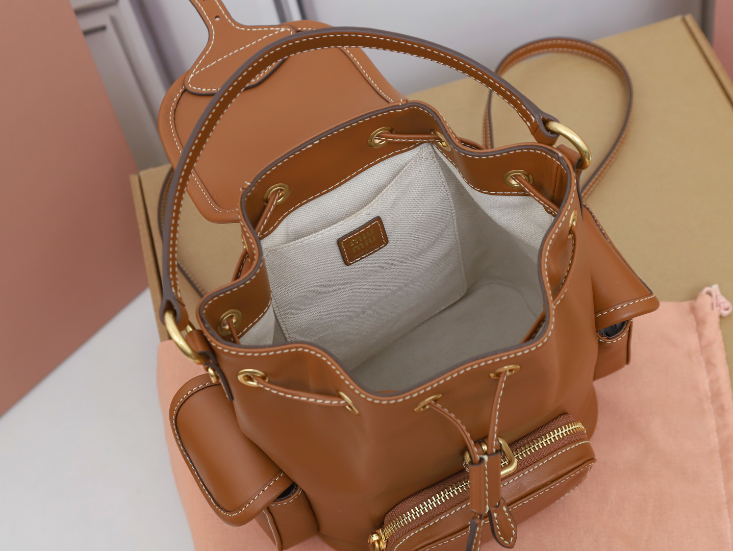 [TOP] Miu Miu Backpack Calfskin 22x18x11.5cm/29.5x25x12.5cm - Brown