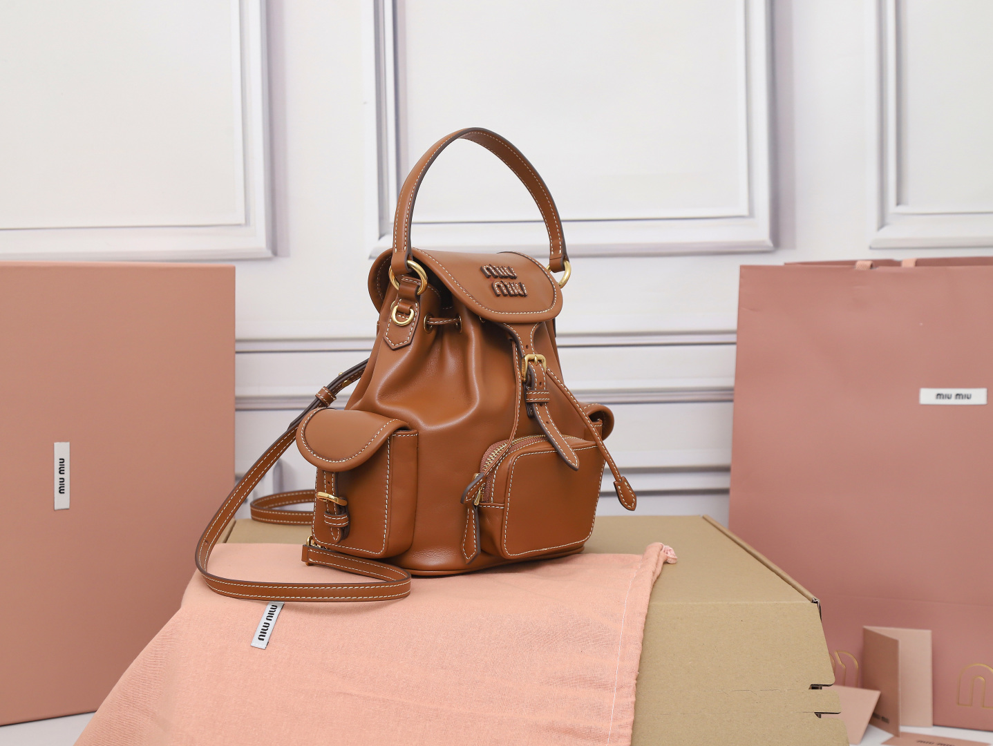 [TOP] Miu Miu Backpack Calfskin 22x18x11.5cm/29.5x25x12.5cm - Brown