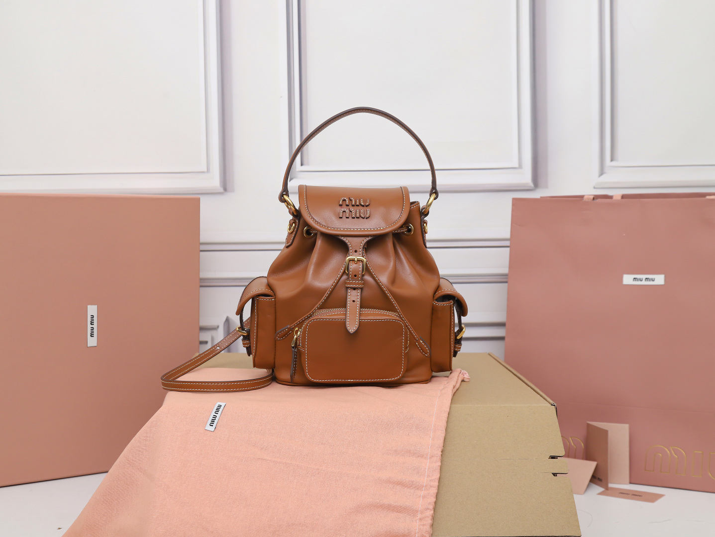 [TOP] Miu Miu Backpack Calfskin 22x18x11.5cm/29.5x25x12.5cm - Brown