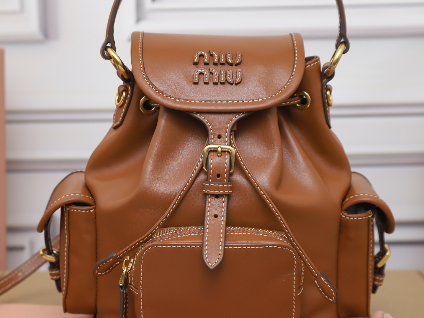 [TOP] Miu Miu Backpack Calfskin 22x18x11.5cm/29.5x25x12.5cm - Brown