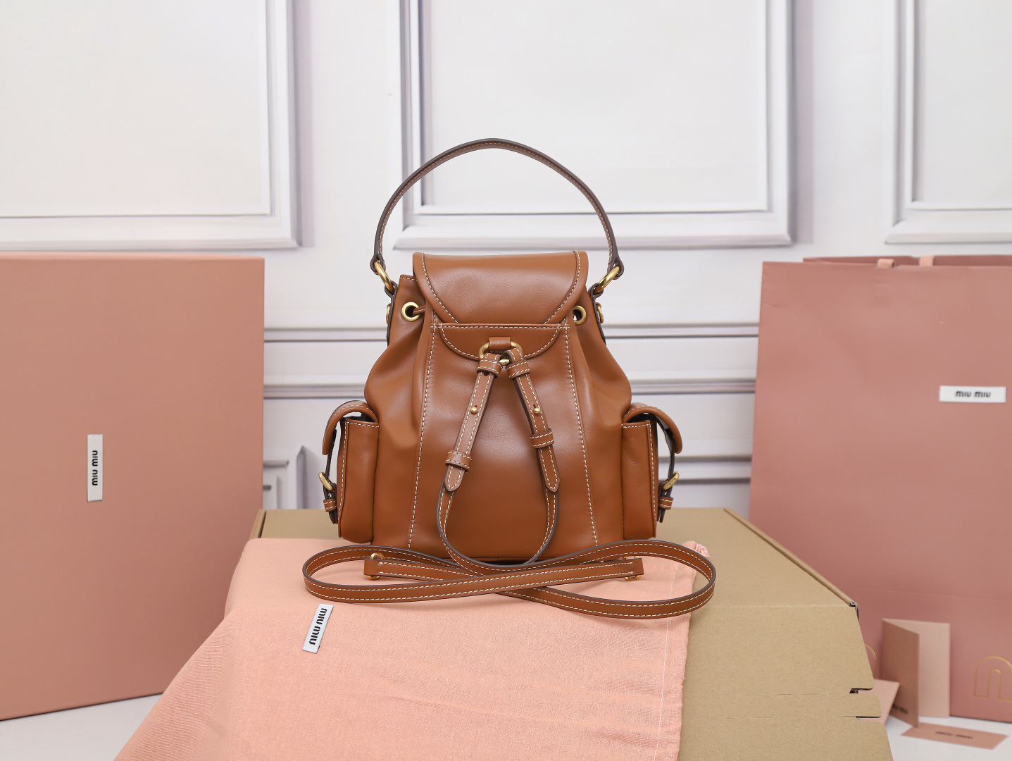 [TOP] Miu Miu Backpack Calfskin 22x18x11.5cm/29.5x25x12.5cm - Brown