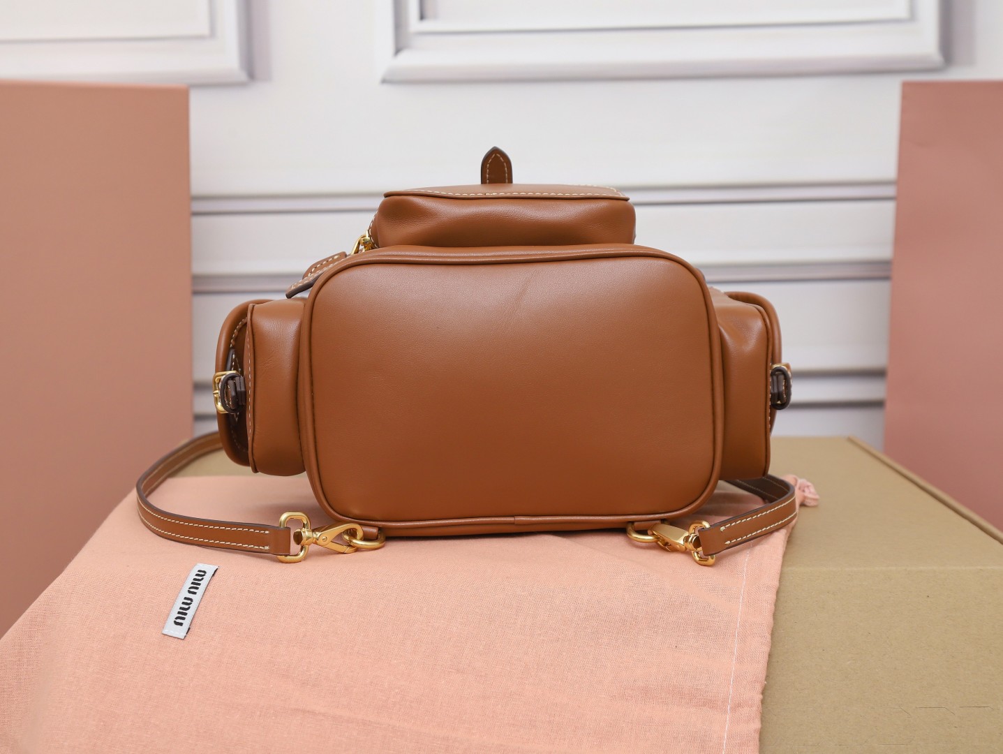 [TOP] Miu Miu Backpack Calfskin 22x18x11.5cm/29.5x25x12.5cm - Brown