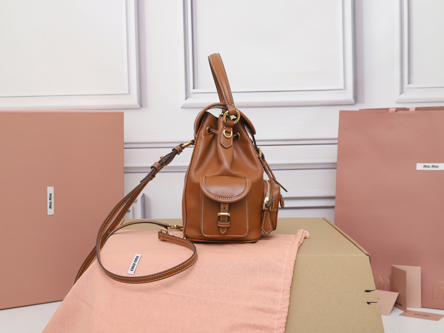 [TOP] Miu Miu Backpack Calfskin 22x18x11.5cm/29.5x25x12.5cm - Brown