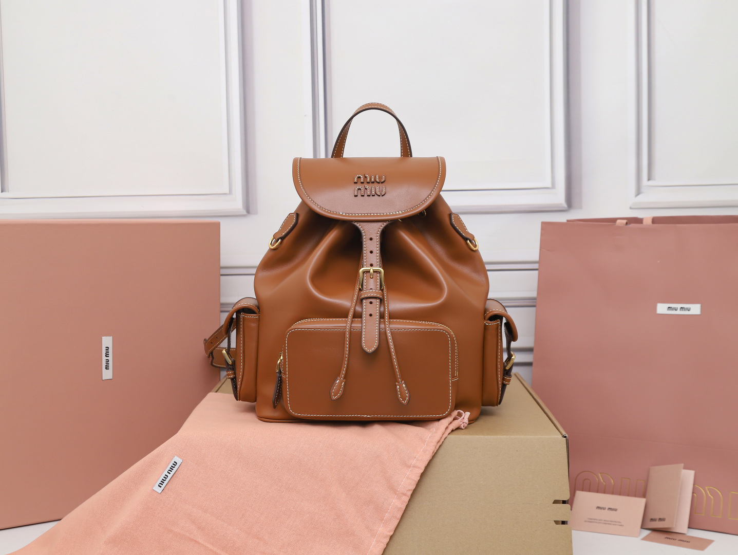 [TOP] Miu Miu Backpack Calfskin 22x18x11.5cm/29.5x25x12.5cm - Brown