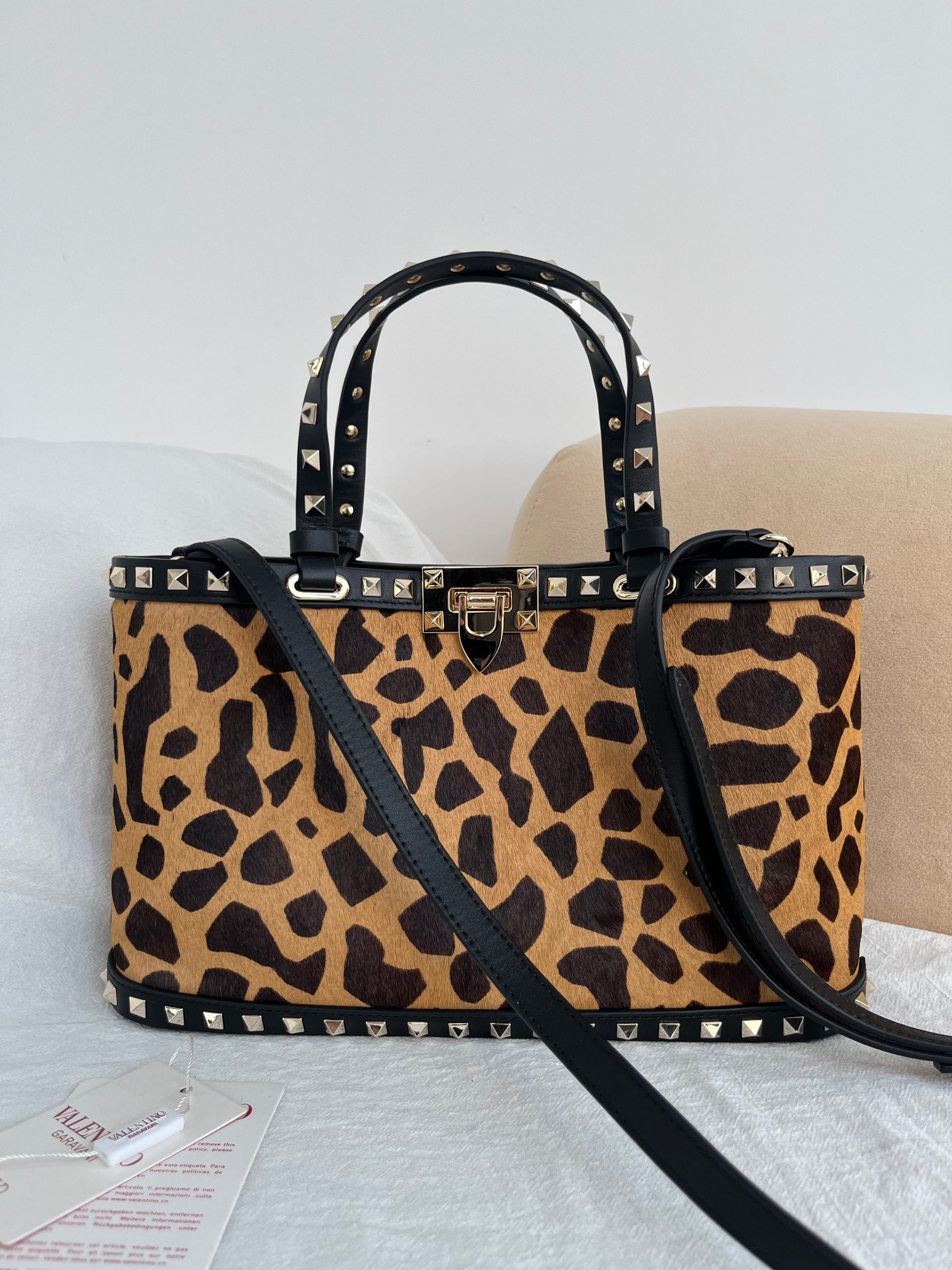 [TOP] VALENTINO Rockstud Leopard Print Tote Bag  32x29x7cm/23x15.5x6cm - Brown