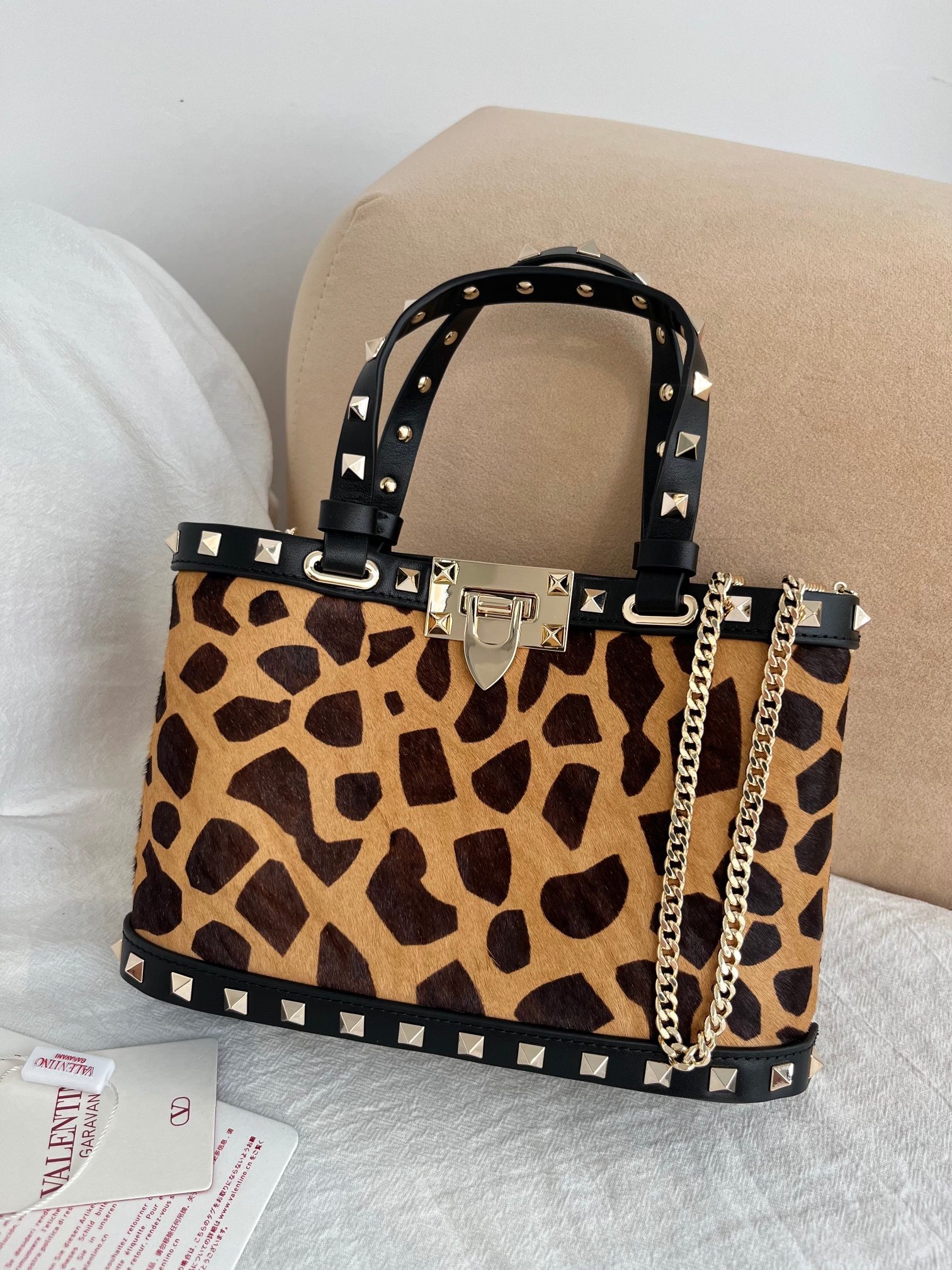[TOP] VALENTINO Rockstud Leopard Print Tote Bag  32x29x7cm/23x15.5x6cm - Brown