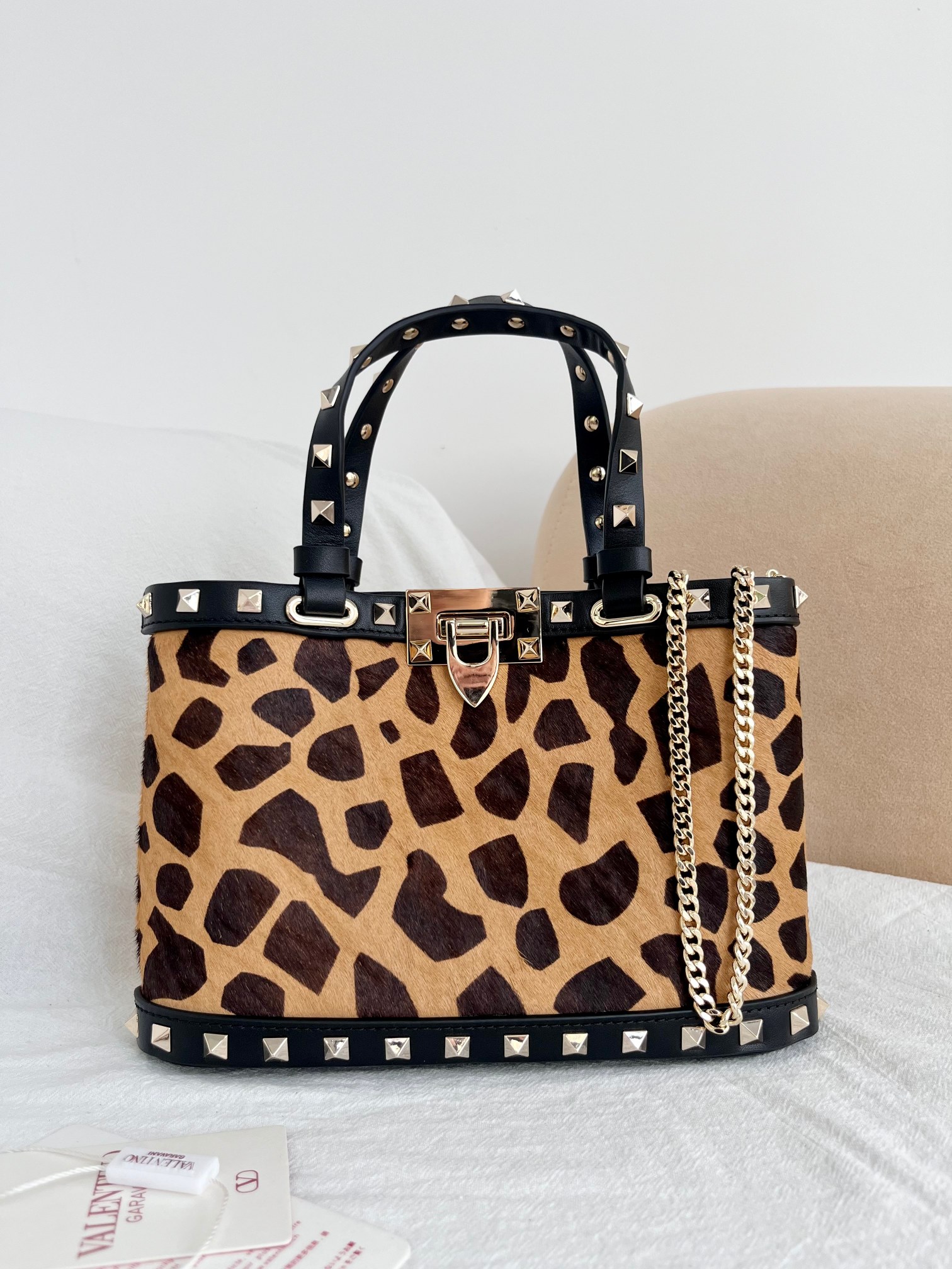 [TOP] VALENTINO Rockstud Leopard Print Tote Bag  32x29x7cm/23x15.5x6cm - Brown