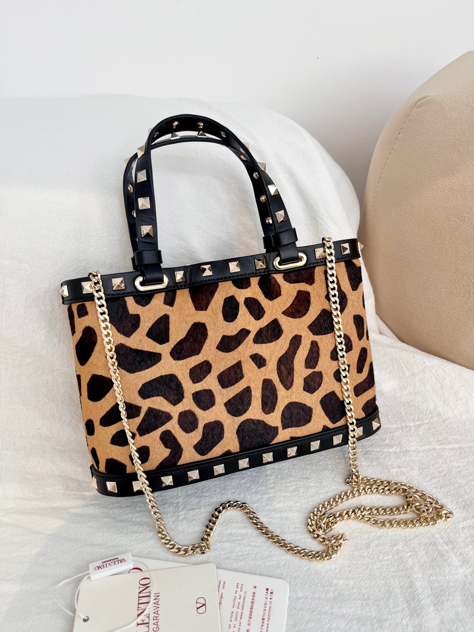 [TOP] VALENTINO Rockstud Leopard Print Tote Bag  32x29x7cm/23x15.5x6cm - Brown