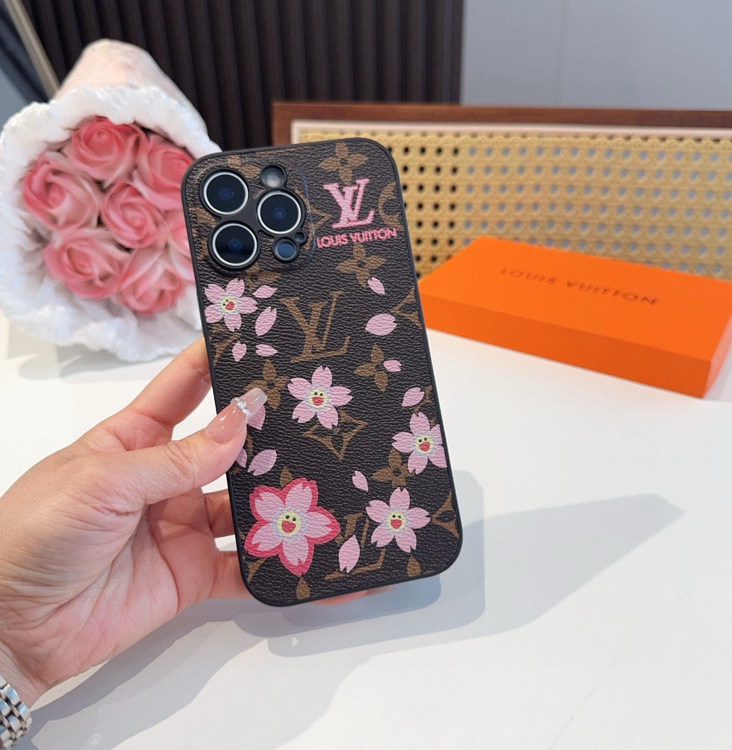 [TOP] Louis Vuitton LV Phone Case with Cherry Blossom Pattern - Brown