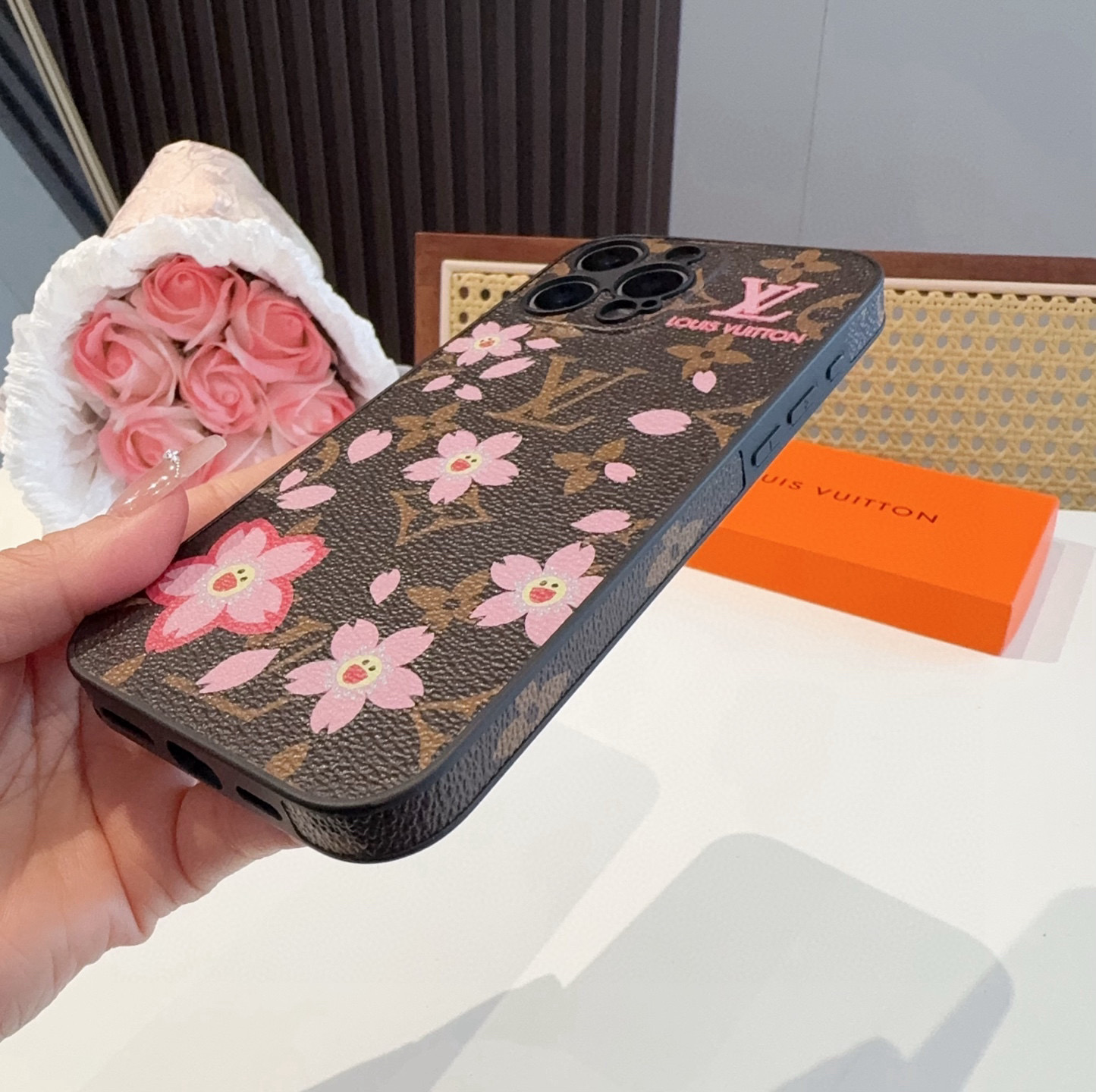 [TOP] Louis Vuitton LV Phone Case with Cherry Blossom Pattern - Brown