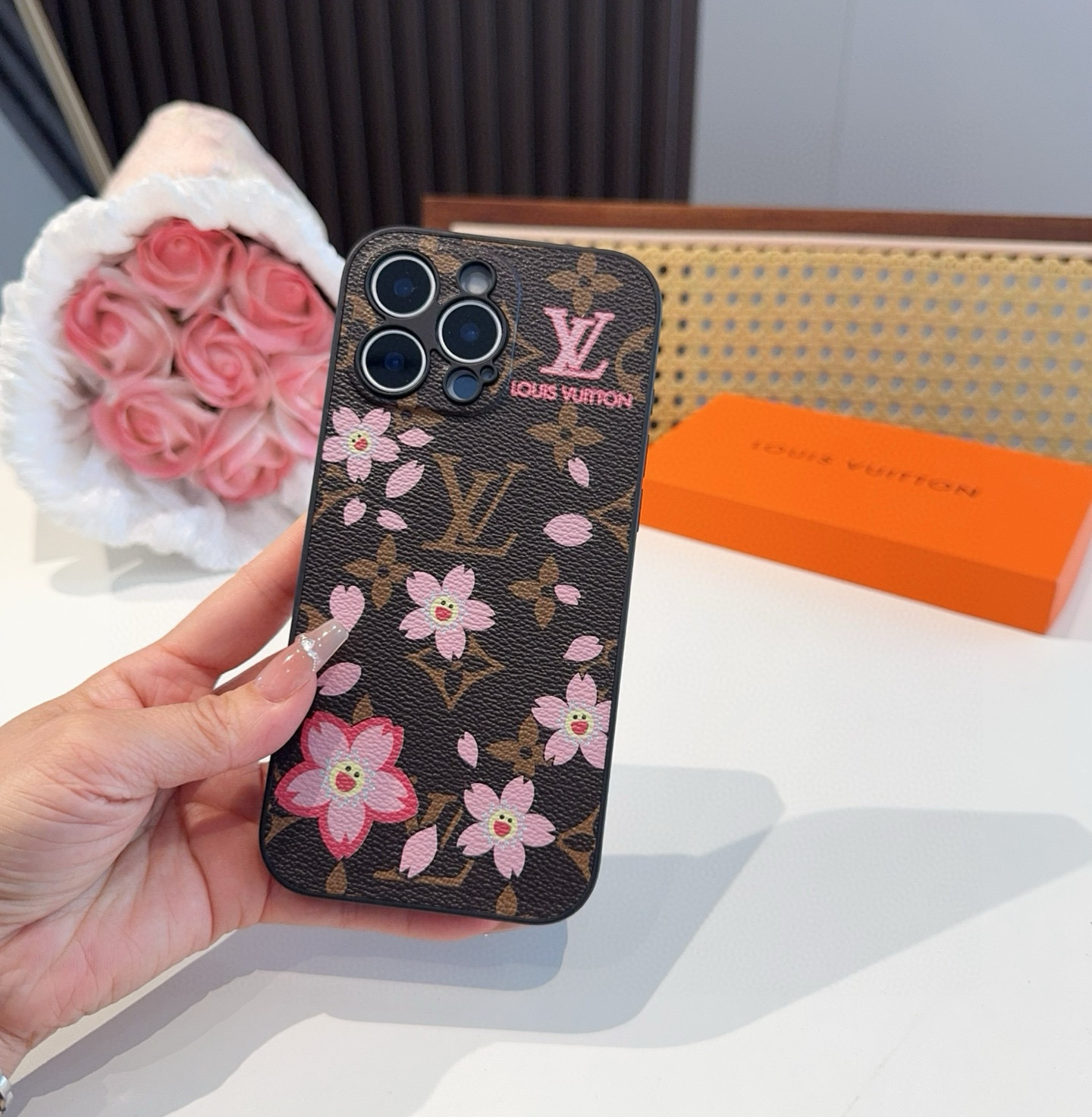 [TOP] Louis Vuitton LV Phone Case with Cherry Blossom Pattern - Brown
