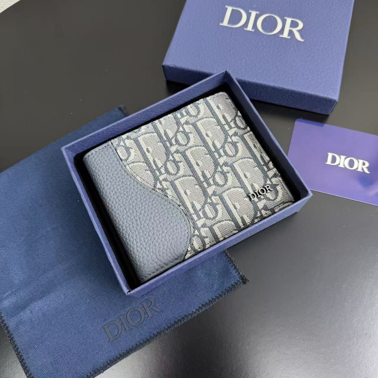 [TOP] Christian Dior Men's Oblique Short Wallets 11.5x9.5cm - Blue