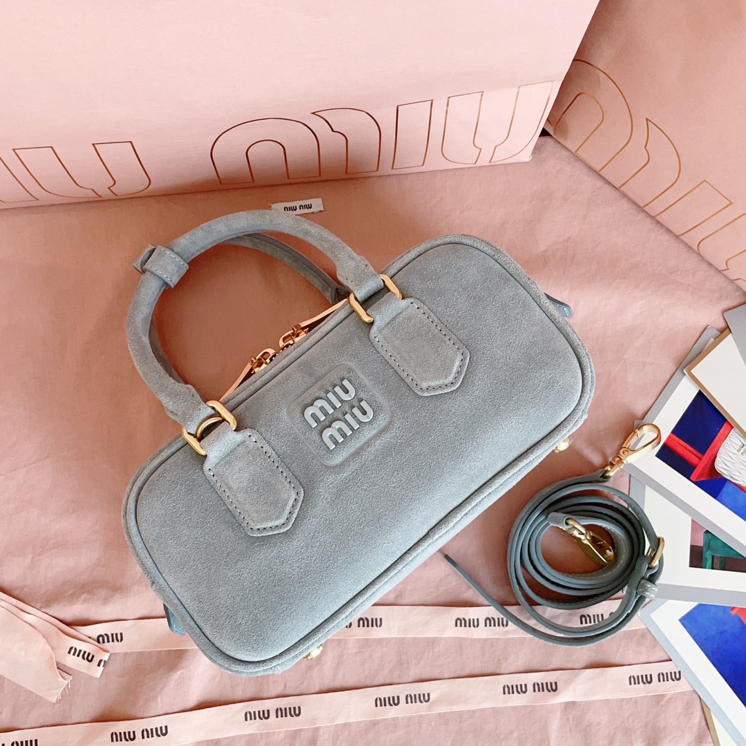 [TOP] Miu Miu Bowling Suede Bag  22X10.5X7.5Cm - Grey