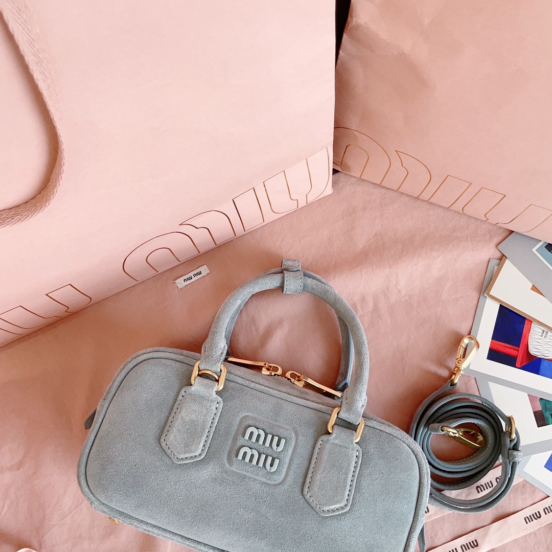 [TOP] Miu Miu Bowling Suede Bag  22X10.5X7.5Cm - Grey