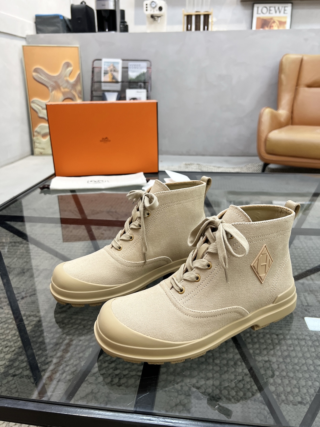 [TOP] HERMES Men's Short Boots Sackcloth - Khaki