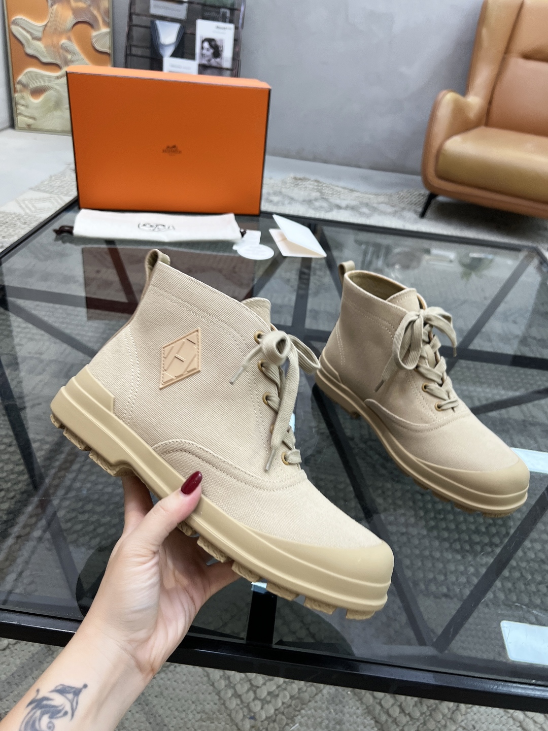 [TOP] HERMES Men's Short Boots Sackcloth - Khaki