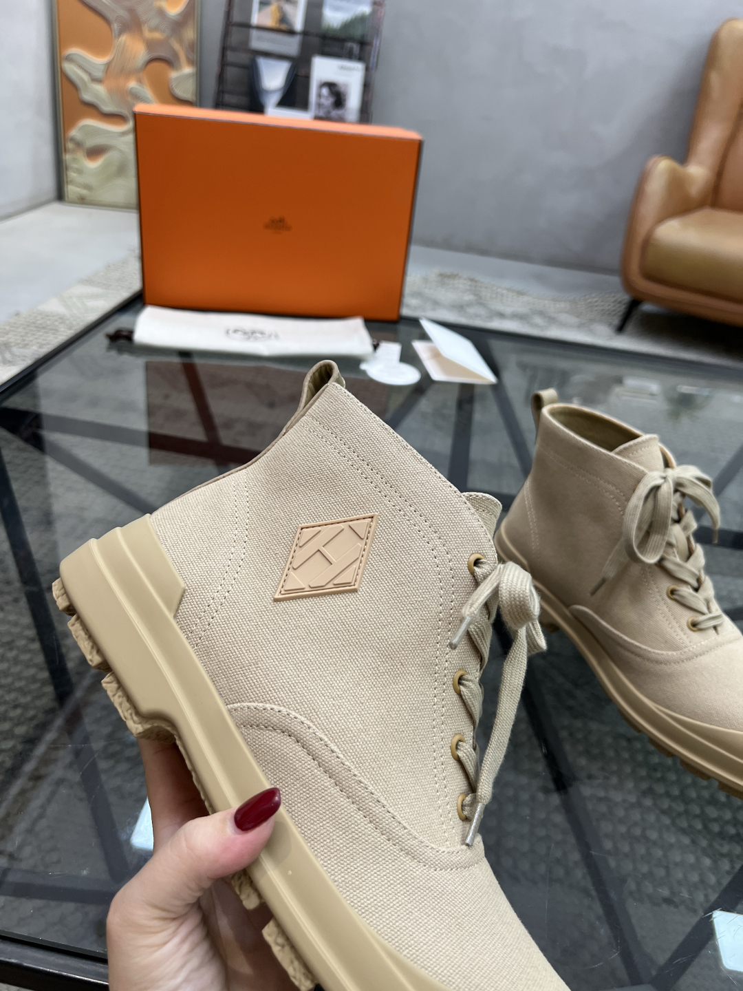 [TOP] HERMES Men's Short Boots Sackcloth - Khaki