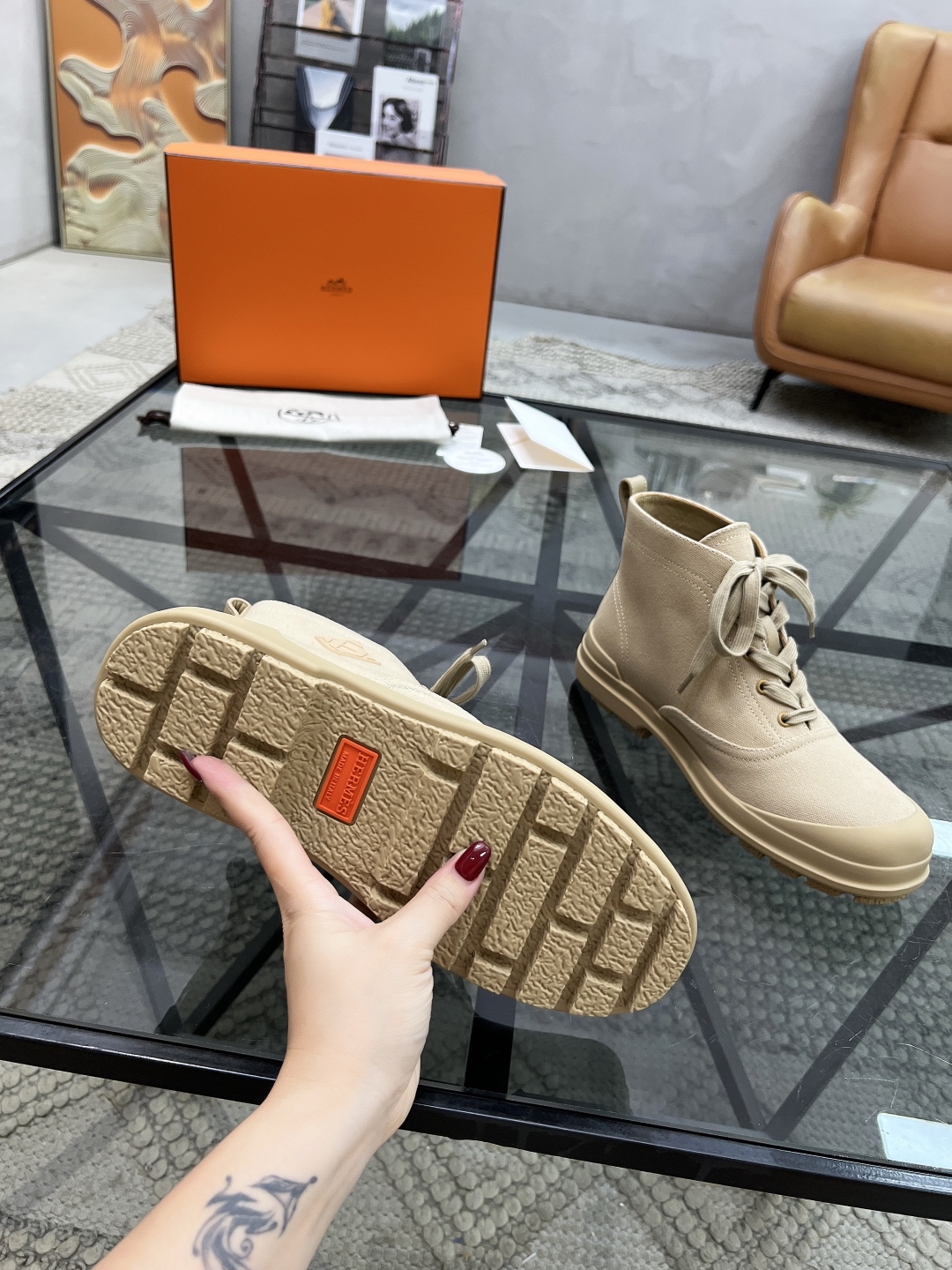 [TOP] HERMES Men's Short Boots Sackcloth - Khaki