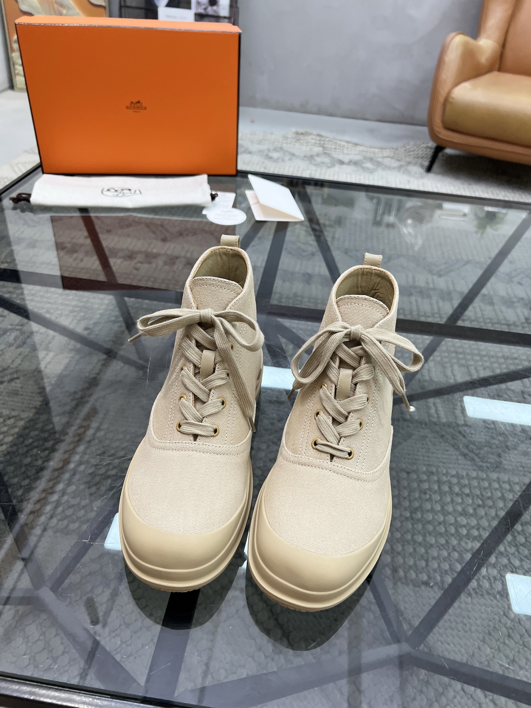 [TOP] HERMES Men's Short Boots Sackcloth - Khaki