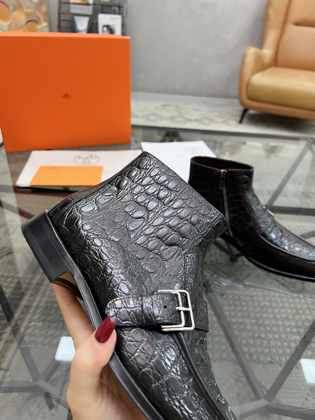 [TOP] HERMES Men's Short Boots Calfskin - Black