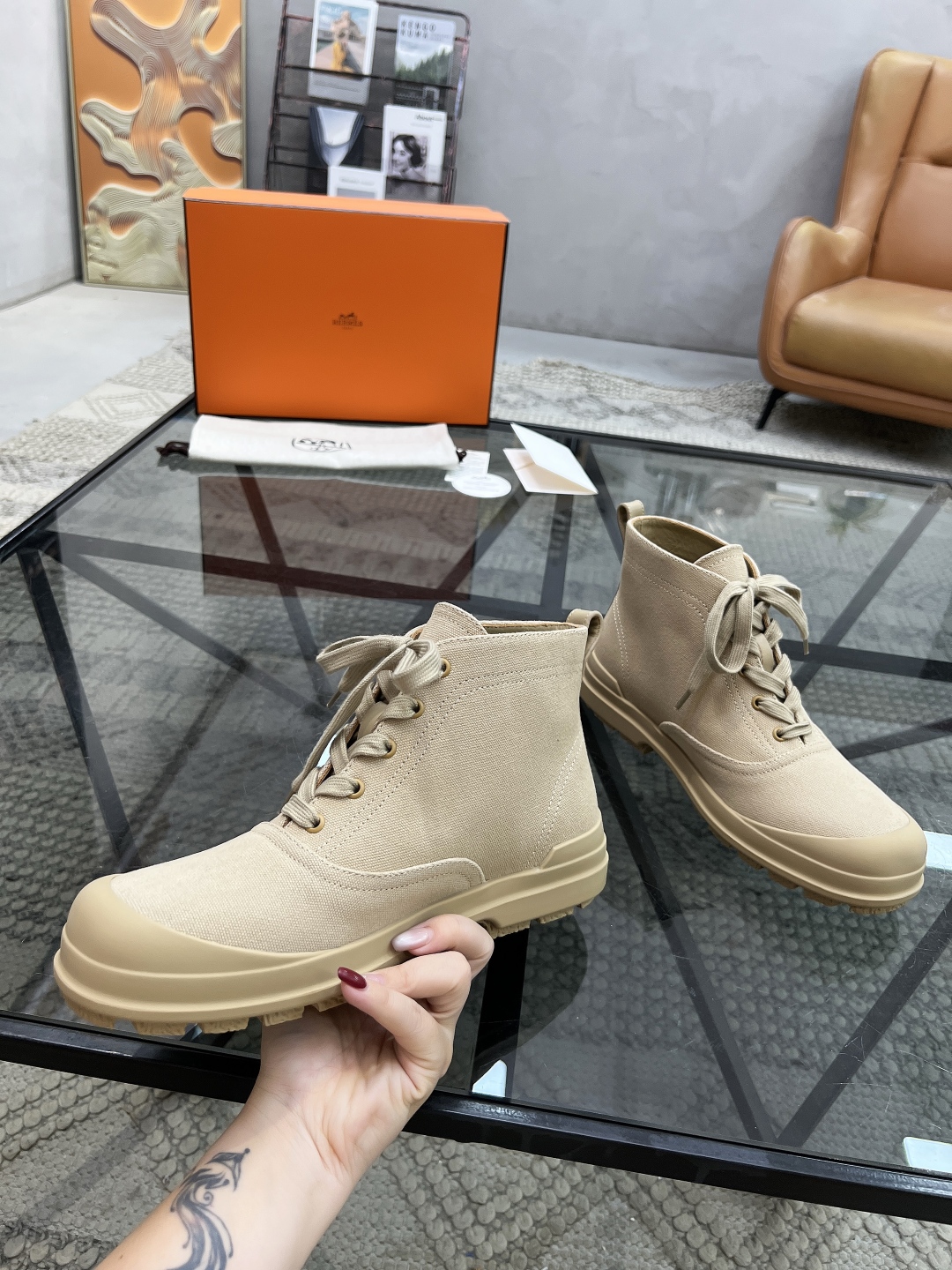 [TOP] HERMES Men's Short Boots Sackcloth - Khaki