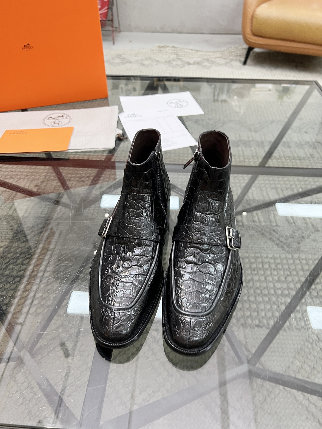 [TOP] HERMES Men's Short Boots Calfskin - Black