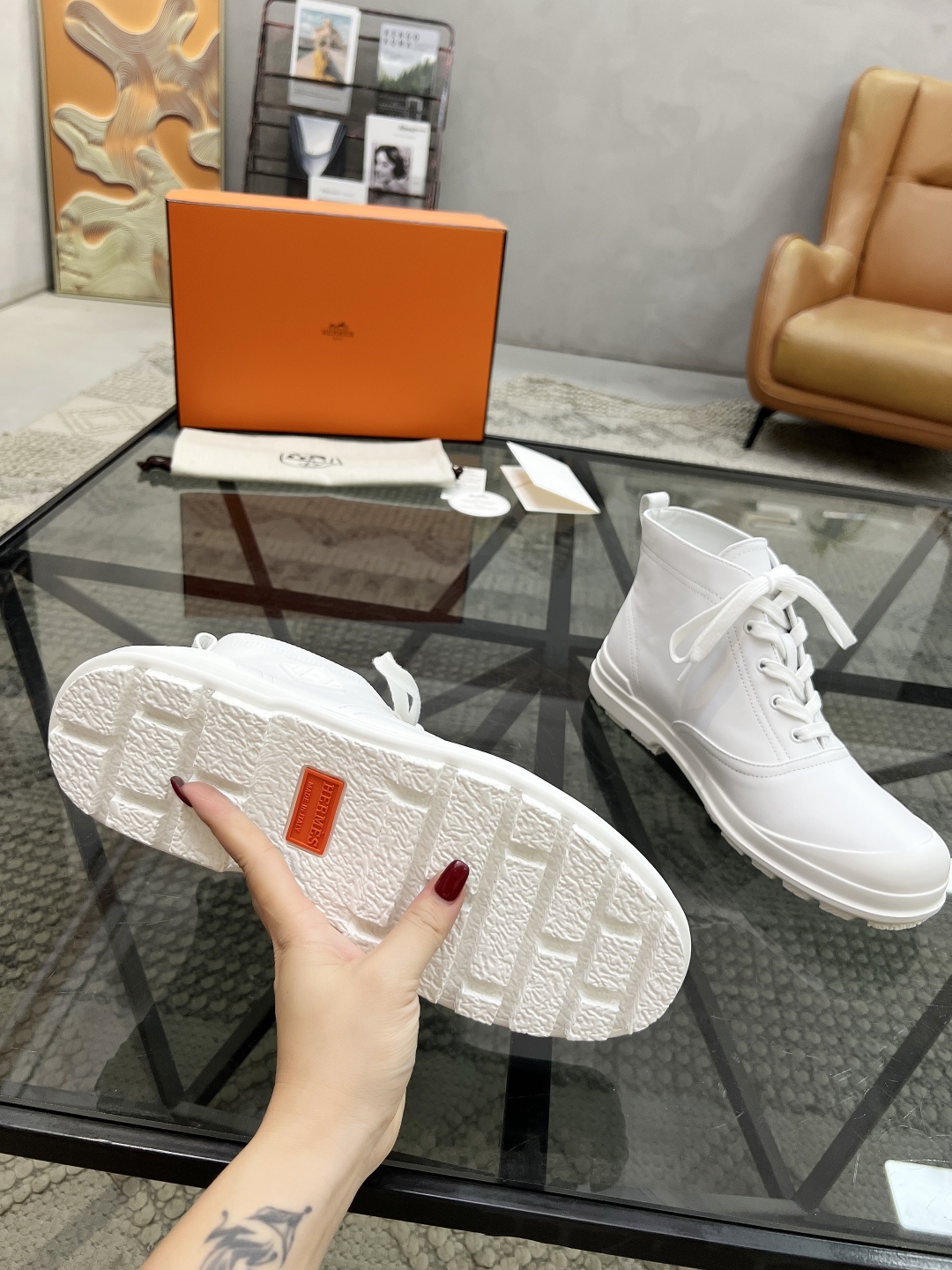 [TOP] HERMES Men's Short Boots Calfskin - White