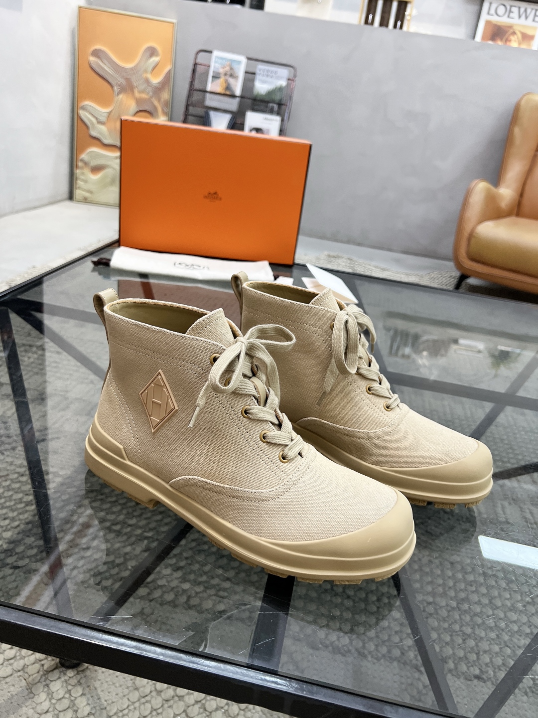 [TOP] HERMES Men's Short Boots Sackcloth - Khaki