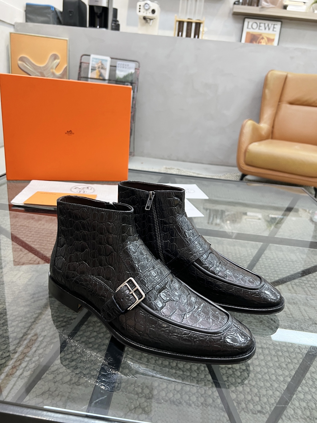 [TOP] HERMES Men's Short Boots Calfskin - Black