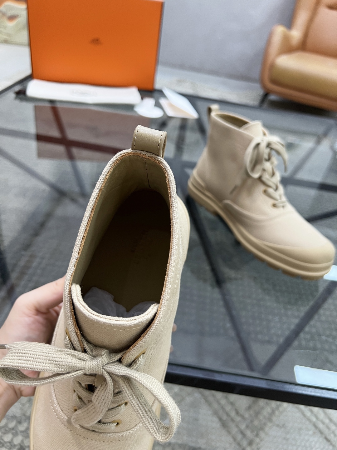 [TOP] HERMES Men's Short Boots Sackcloth - Khaki