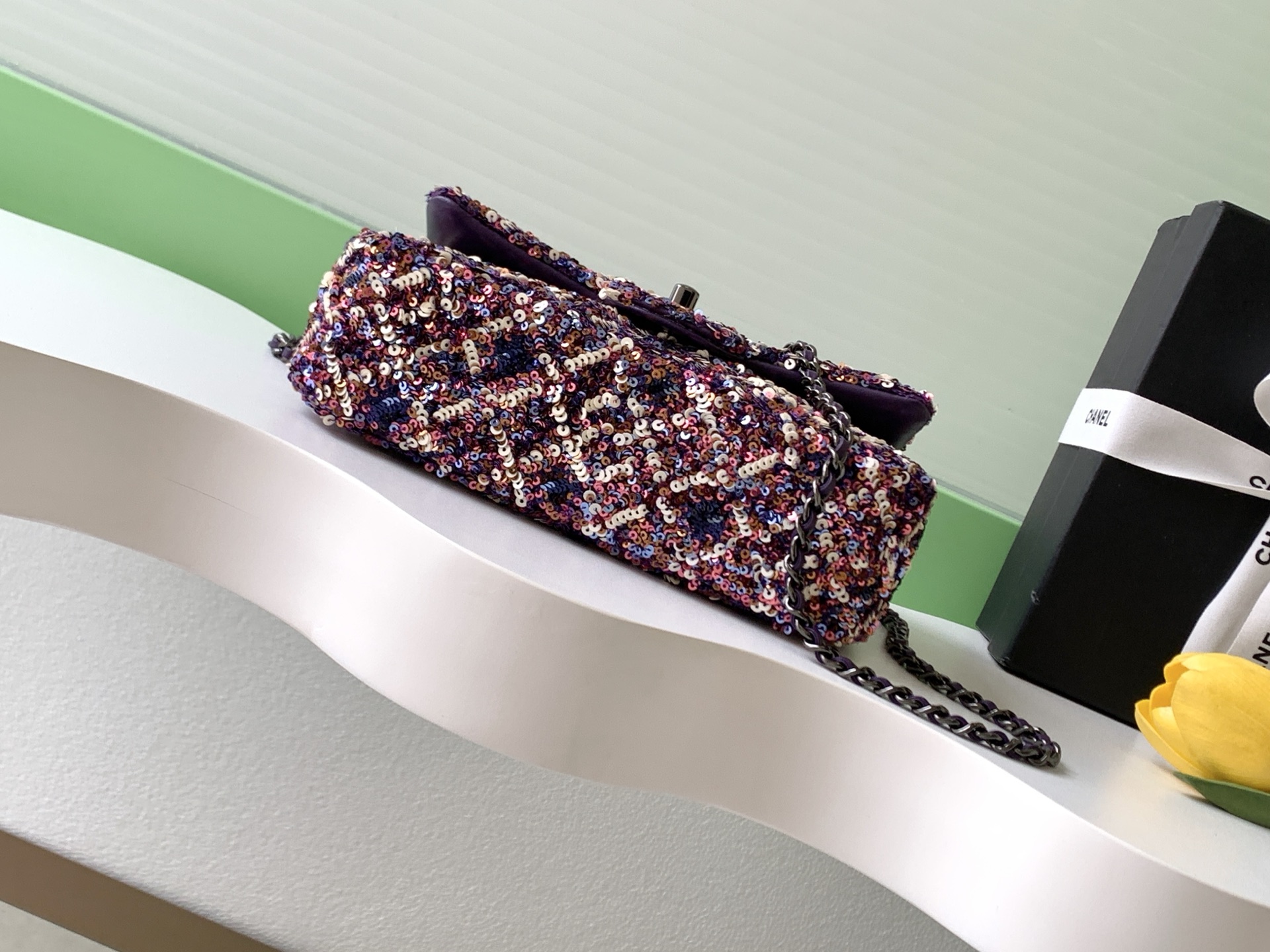 [TOP] CHANEL Classic Flap Bag CF Sequins 21*14*8cm - Purple
